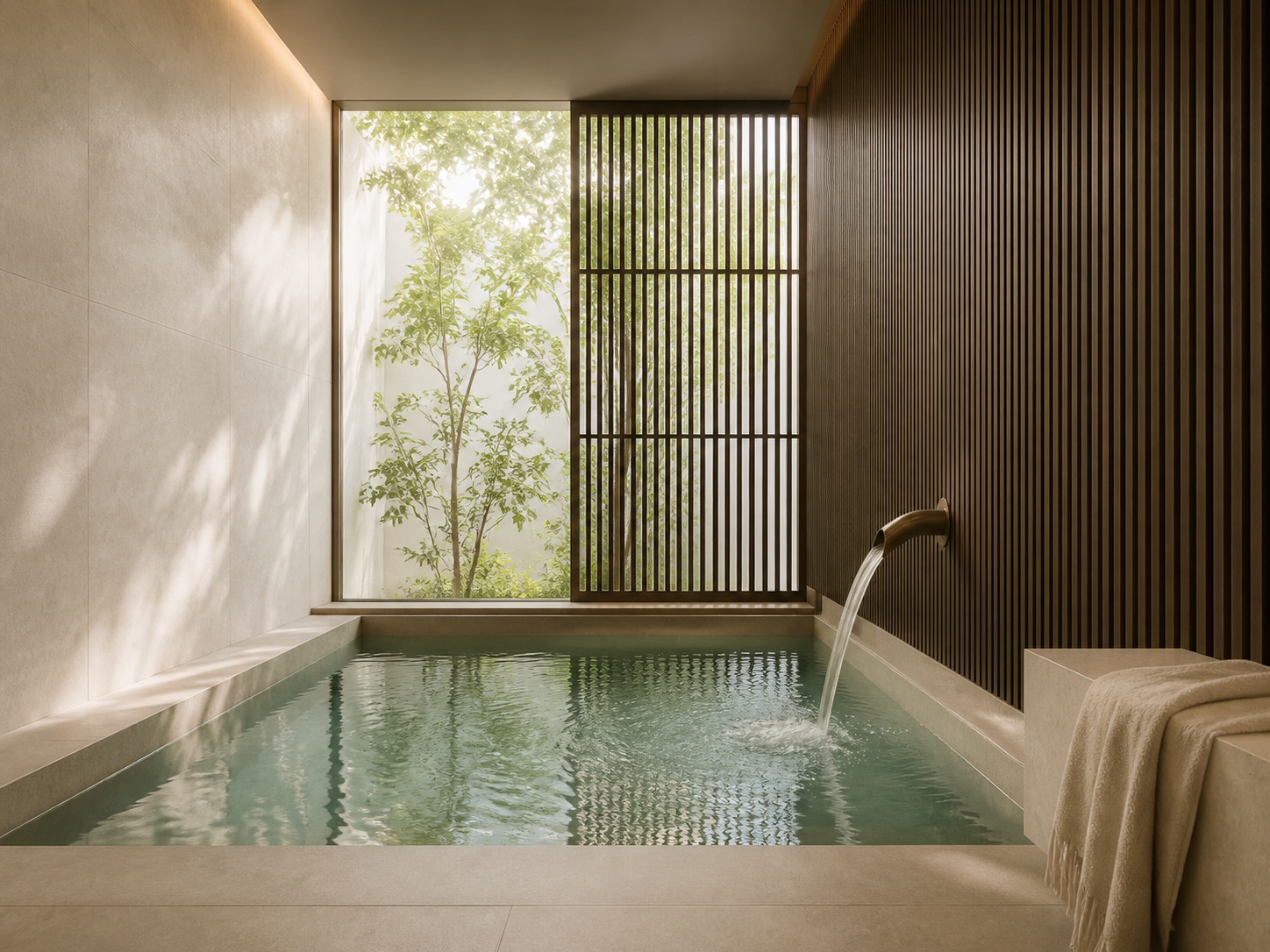 A private warm-water pool surrounded by limestone and dark oak