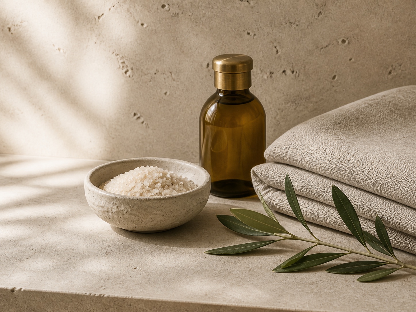 Linen, mineral salts, botanical oil, and an olive branch on warm limestone